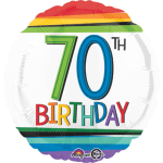 Rainbow 70th birthday balloon with large colorful text