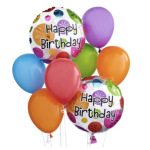 Cluster of colorful birthday balloons with two "Happy Birthday" foil balloons