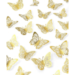 Gold butterfly decorations scattered on a white background