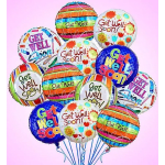 Cluster of colorful "Get Well Soon" balloons on a pink background