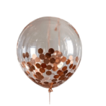 Clear balloon filled with rose gold confetti