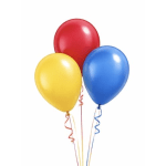 Three colorful balloons in red, yellow, and blue with curling ribbons