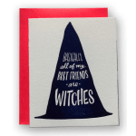 Greeting card with a witch hat and text on the front