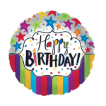 Round birthday balloon with colorful stars and "Happy Birthday" text