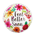 Round balloon with colorful flowers and the words "Feel Better Soon"