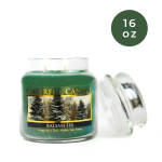 Green balsam fir candle in a glass jar with a lid