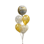 Cluster of gold and clear birthday balloons with printed messages
