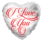 Heart-shaped silver balloon with red "I Love You" text