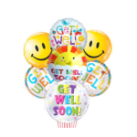 Cluster of colorful get-well balloons with smiley faces