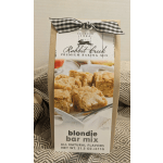 Box of blondie bar mix with a black-and-white ribbon bow