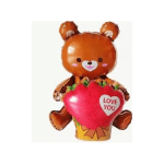 Teddy bear-shaped balloon holding a heart balloon with "LOVE YOU" text