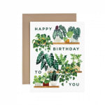 Birthday card with illustrated potted houseplants and green lettering