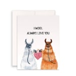 Greeting card with two llamas holding a pink heart