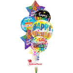 Cluster of colorful birthday balloons with "Happy Birthday" text
