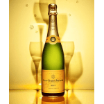 Bottle of champagne with two glasses on a yellow background