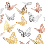 Decorative butterfly cutouts in gold, silver, coral, and white on a white background
