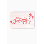 Pink and white striped Valentine’s Day card with red script text and heart graphics.