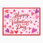 Valentine's Day card with red script text and pink and purple hearts on a light pink background