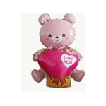 Pink teddy bear balloon holding a heart-shaped "LOVE YOU" balloon