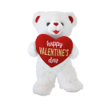 White teddy bear holding a red heart that says Happy Valentine's Day