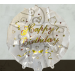 Round birthday balloon with gold lettering and confetti design