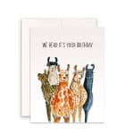 Birthday card with illustrated llamas and the text "We Herd It's Your Birthday"