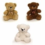 Three plush teddy bears in tan, brown, and white