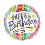Round birthday balloon with colorful stripes and "Happy Birthday" text
