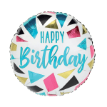 Round birthday balloon with colorful geometric confetti pattern