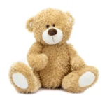 Tan teddy bear plush toy sitting upright on a white background