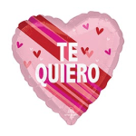 Heart-shaped pink balloon with "TE QUIERO" text and small hearts