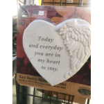 Heart-shaped memorial plaque with angel wings and a sentimental quote