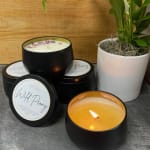 Black candles and a potted plant in white ceramic pot