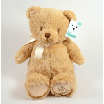 Tan plush teddy bear with a ribbon and Baby GUND tag
