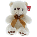 White teddy bear with a gold ribbon bow