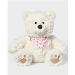 White teddy bear wearing a pink heart-patterned bandana