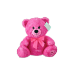 Pink teddy bear with a bow and tag