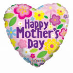Heart-shaped pink Mother's Day balloon with colorful flower graphics