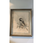 Framed bird illustration on fabric with small red berries