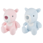 Two plush teddy bears in pink and blue