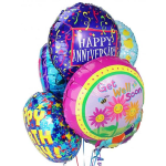 Cluster of colorful foil balloons with anniversary and get well soon messages