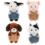 Four plush animal toys in overalls on a plain background