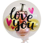 Clear balloon with "I love you" text and pink heart graphics
