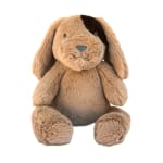 Brown plush bunny with long floppy ears sitting on a white background