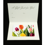 Gift card in a white folded card with tulip artwork