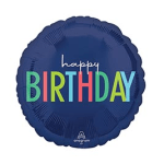 Blue birthday balloon with multicolored text