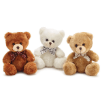 Three plush teddy bears with polka-dot bows on a white background