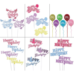 Assorted birthday cake toppers and balloon picks in bright colors