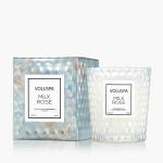 Two Voluspa Milk Rose candles, one in a decorative box