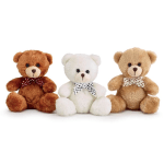 Three plush teddy bears with polka-dot bows on a white background